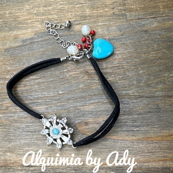 Pearl coral Black cord Turquoise rustic handmade adjustable charms bracelet - Picture 1 of 5